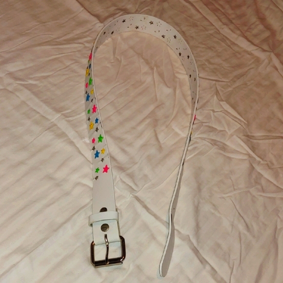 White Leather Belt with Colorful Star Studs & Star Cutouts * 43"L x 1.5"W - Picture 2 of 7